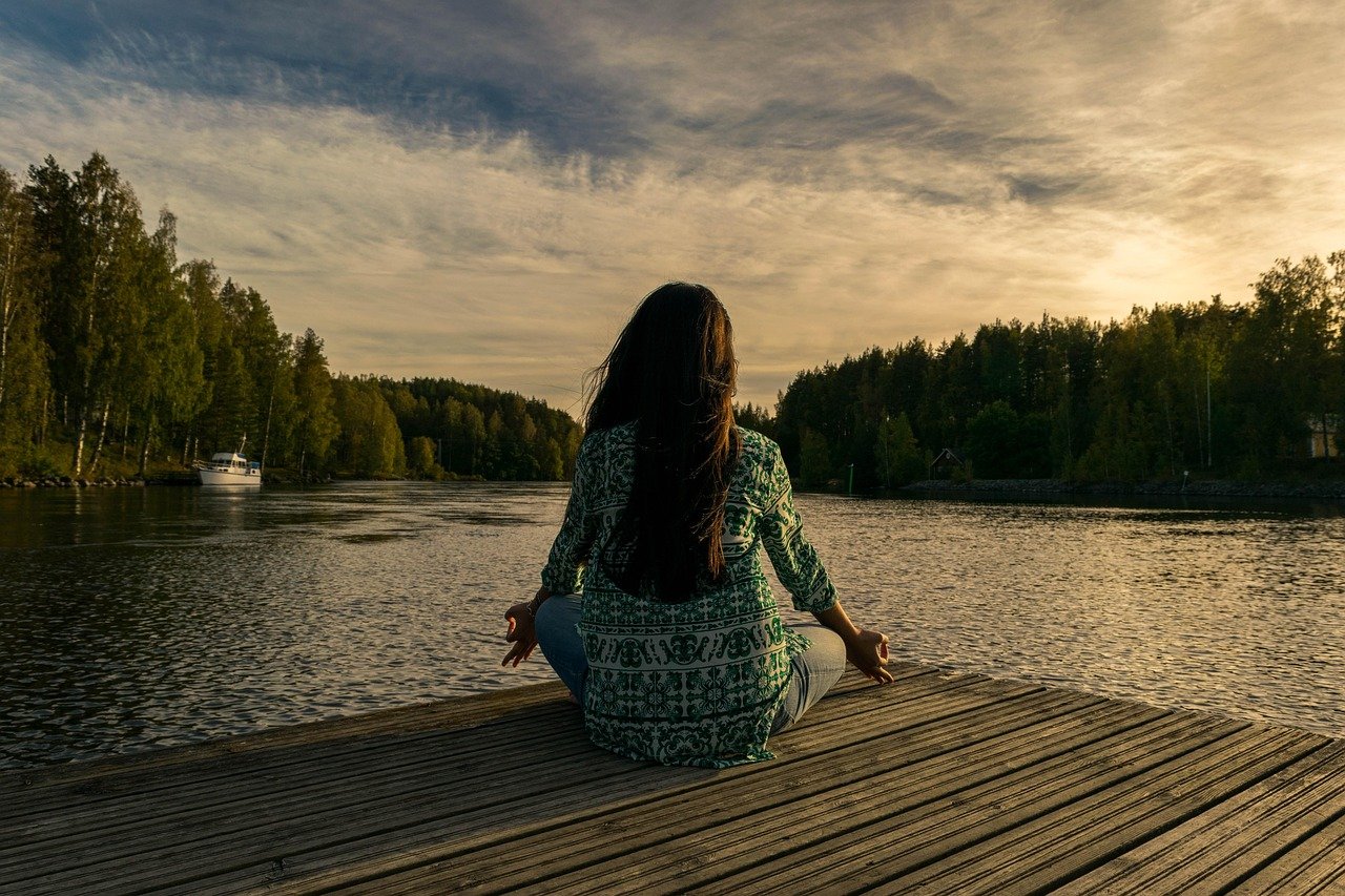yoga, woman, lake, outdoors, lotus pose, meditation, mindfulness, balance, nature, meditating, wellness, sunset, twilight